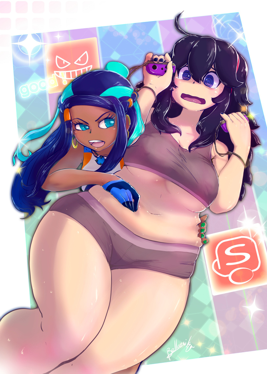2girls absurdres bangs bare_shoulders bellaraika belly belly_grab black_hair blue_eyes blush breasts cleavage curvy dark_skin earrings embarrassed eyeliner gloves hair_bun hair_ornament hairband hex_maniac_(pokemon) highres hoop_earrings jewelry large_breasts long_hair looking_to_the_side makeup multicolored_hair multiple_girls nail_polish navel necklace nintendo_switch open_mouth plump pokemon pokemon_(game) pokemon_swsh purple_eyes rurina_(pokemon) sidelocks single_glove sports_bra sweat thick_thighs thighs underboob underwear weight_conscious wide-eyed wide_hips