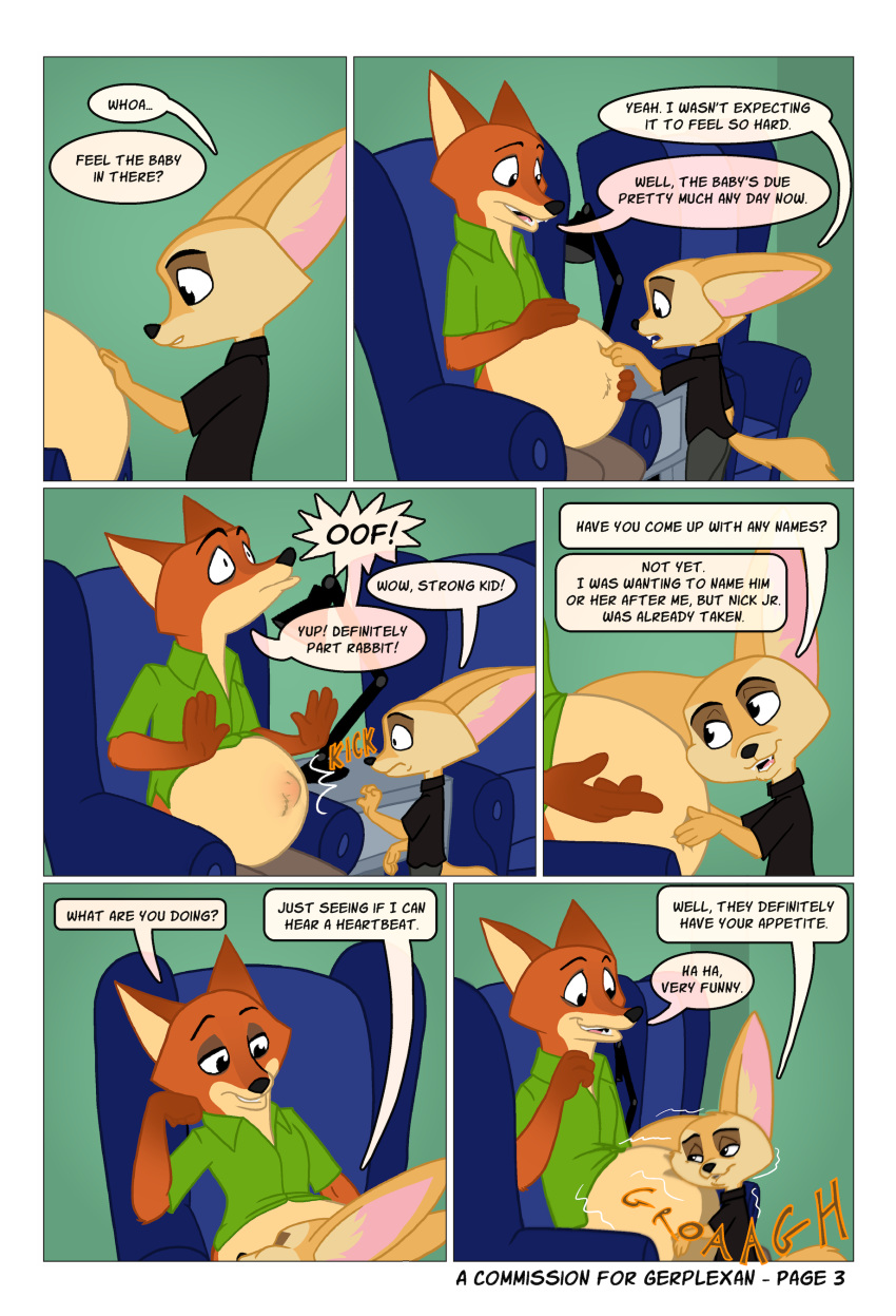 absurd_res anthro canid canine chair clothed clothing comic dialogue digital_media_(artwork) dipstick_ears dipstick_tail disney duo english_text finnick fox fur gerplexan hi_res male male_pregnancy mammal multicolored_ears multicolored_tail necktie nick_wilde orange_fur pregnant sirq smile surprise text zootopia