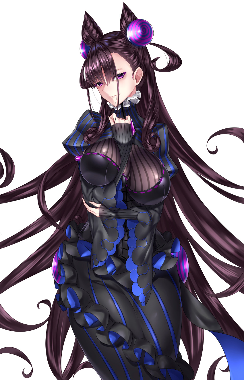 1girl absurdres arm_between_breasts between_breasts black_dress breasts cleavage double_bun dress fate/grand_order fate_(series) frills gem hair_between_eyes hair_ornament highres impossible_clothes juliet_sleeves kai_(pixiv12466647) large_breasts long_hair long_sleeves looking_at_viewer murasaki_shikibu_(fate) puffy_sleeves purple_eyes sleeves_past_wrists smile solo two_side_up very_long_hair