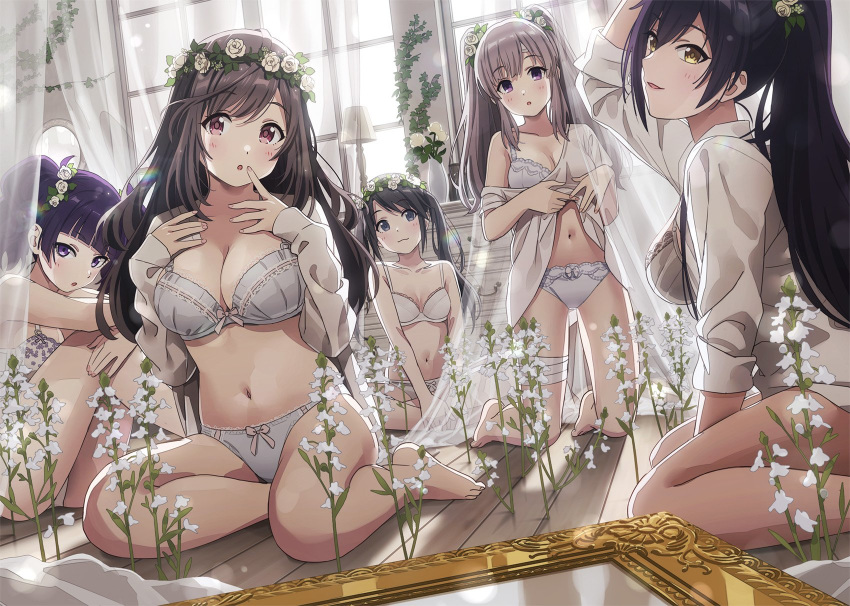 5girls backlighting bandages bangs bare_shoulders black_hair blue_eyes blush bra breasts brown_eyes brown_hair cleavage closed_mouth collared_shirt curtains diagonal_bangs dress_shirt flower grey_hair head_wreath high_ponytail highres idolmaster idolmaster_shiny_colors kneeling large_breasts long_hair looking_at_viewer mitsumine_yuika multiple_girls navel open_clothes open_mouth open_shirt panties ponytail purple_eyes purple_hair shirase_sakuya shirt sidelocks small_breasts smile sonsoso swept_bangs tanaka_mamimi thighs tsukioka_kogane twintails underwear white_bra white_panties white_shirt window yellow_eyes yuukoku_kiriko