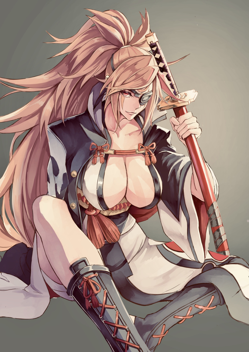 1girl absurdres amputee baiken big_hair black_jacket boots breasts eyepatch facial_tattoo greaves guilty_gear guilty_gear_xrd highres jacket jacket_on_shoulders japanese_clothes kataginu katana kimono large_breasts long_hair looking_at_viewer multicolored multicolored_clothes multicolored_kimono obi one-eyed open_clothes open_kimono otsutei pink_hair ponytail red_eyes samurai sash scar scar_across_eye sheath shoelaces simple_background smile solo sword tattoo weapon white_kimono