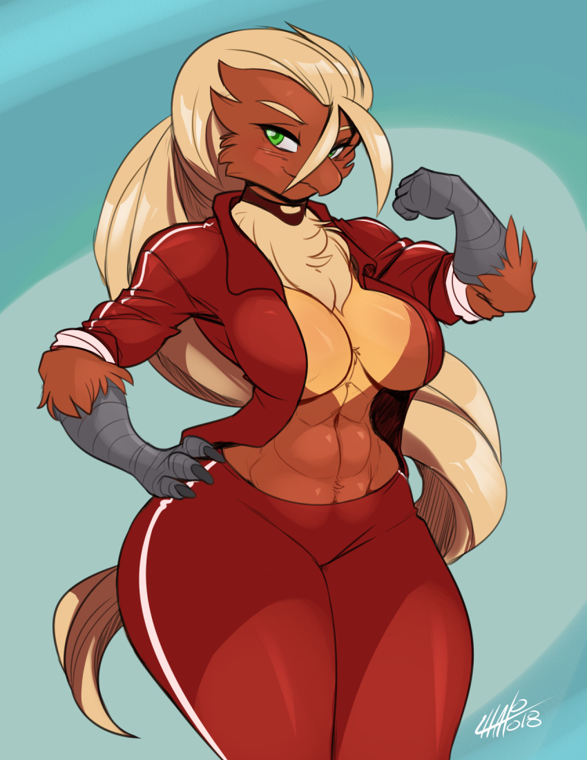 2018 abs anthro avian bird blaziken blonde_hair breasts chalo cleavage clothed clothing female green_eyes hair hi_res long_hair muscular muscular_female navel nintendo non-mammal_breasts open_shirt pok&eacute;mon pok&eacute;mon_(species) sandra_tucker signature solo standing thick_thighs video_games voluptuous wide_hips