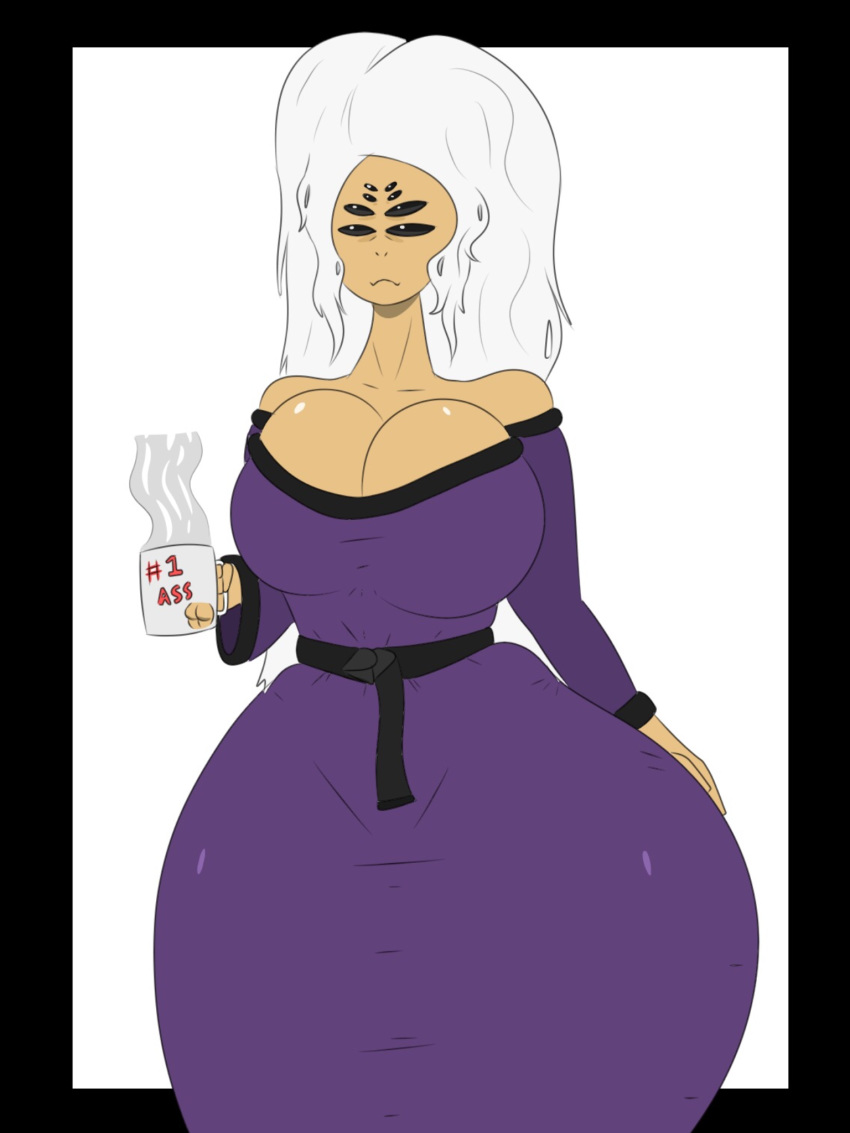 anthro arachnid arthropod bathrobe beverage big_breasts breasts butt cleavage clothed clothing cup epitaph200 female hair hi_res humor lady_spindles_(epitaph200) lazy messy_hair robe spider tea tired voluptuous wide_hips