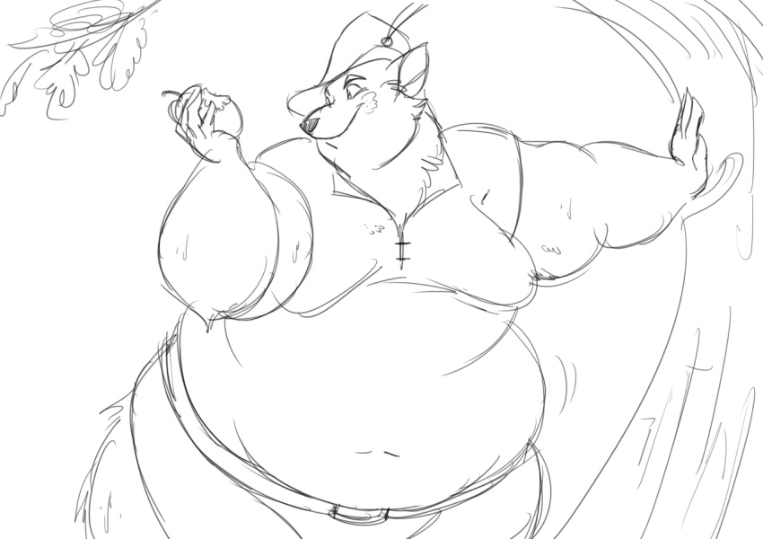 anthro apple belly belly_jiggle belt big_belly black_and_white canid canine clothed clothing disney food fox fruit hat headgear headwear holding_food holding_object leaning male mammal monochrome moobs obese obese_male overweight overweight_male plant robin_hood robin_hood_(disney) smile smirk solo tree volkenfox