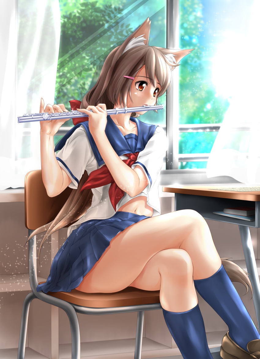 1girl animal_ears blue_legwear blue_skirt bow brown_eyes brown_footwear brown_hair cat_ears chair classroom crossed_legs curtains day flute hair_bow hair_ornament hairclip highres indoors instrument loafers long_hair looking_to_the_side music navel original playing_instrument red_bow school_uniform serafuku shoes short_sleeves sitting skirt solo thighs tomoya_kankurou very_long_hair white_serafuku window