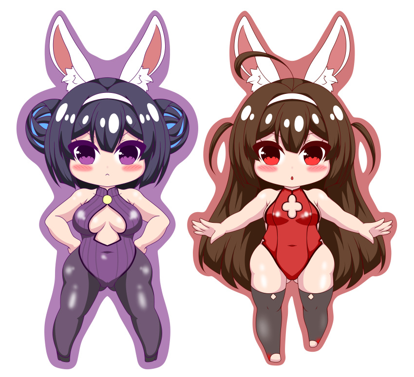 2girls :&lt; absurdres ahoge animal_ear_fluff animal_ears ass_visible_through_thighs azur_lane bare_arms bare_shoulders black_footwear black_hair black_legwear blush breasts brown_hair brown_outline bunny_ears bunny_girl bunnysuit closed_mouth covered_collarbone covered_navel double_bun hairband hands_on_hips highres kurukurumagical leotard long_hair medium_breasts multiple_girls ning_hai_(azur_lane) outline outstretched_arms pantyhose parted_lips ping_hai_(azur_lane) purple_background purple_eyes purple_leotard red_eyes red_leotard shoes side_bun simple_background small_breasts thighhighs two_side_up very_long_hair white_background white_hairband