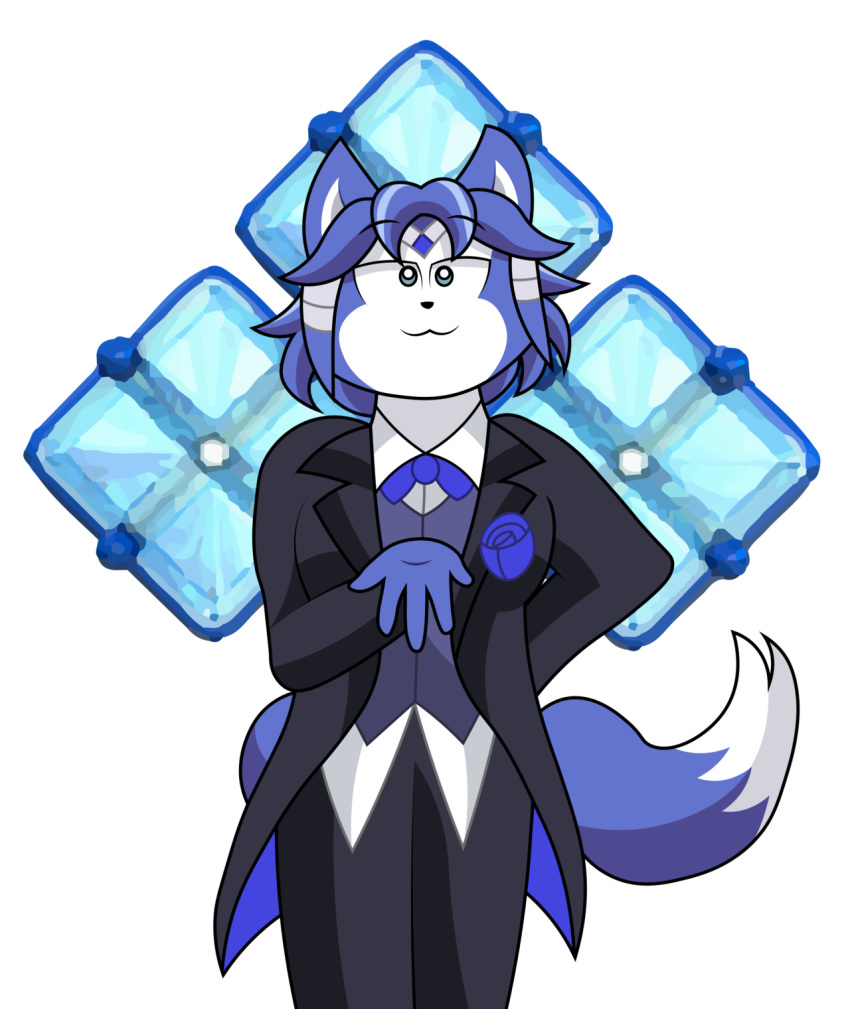 alpha_channel anthro black_tie_(suit) blue_flower blue_fur blue_hair bottomwear bow_tie breasts canid canine clothed clothing crossdressing crown emoji female flower fox fully_clothed fur hair hi_res krystal mammal medium_breasts necktie nintendo outstretched_hand pants plant simple_background solo star_fox suit teal_eyes tiara topwear transparent_background vest video_games