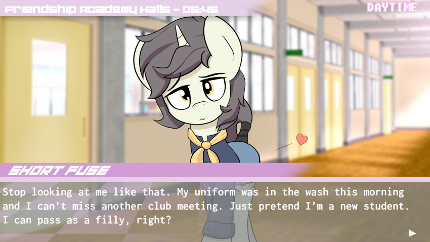 &lt;3 16:9 2019 bottomwear clothed clothing crossdressing dialogue digital_media_(artwork) equid equine fake_screenshot fan_character girly hi_res horn looking_at_viewer male mammal my_little_pony raised_tail school_uniform skirt solo text triplesevens_(artist) unicorn uniform visual_novel