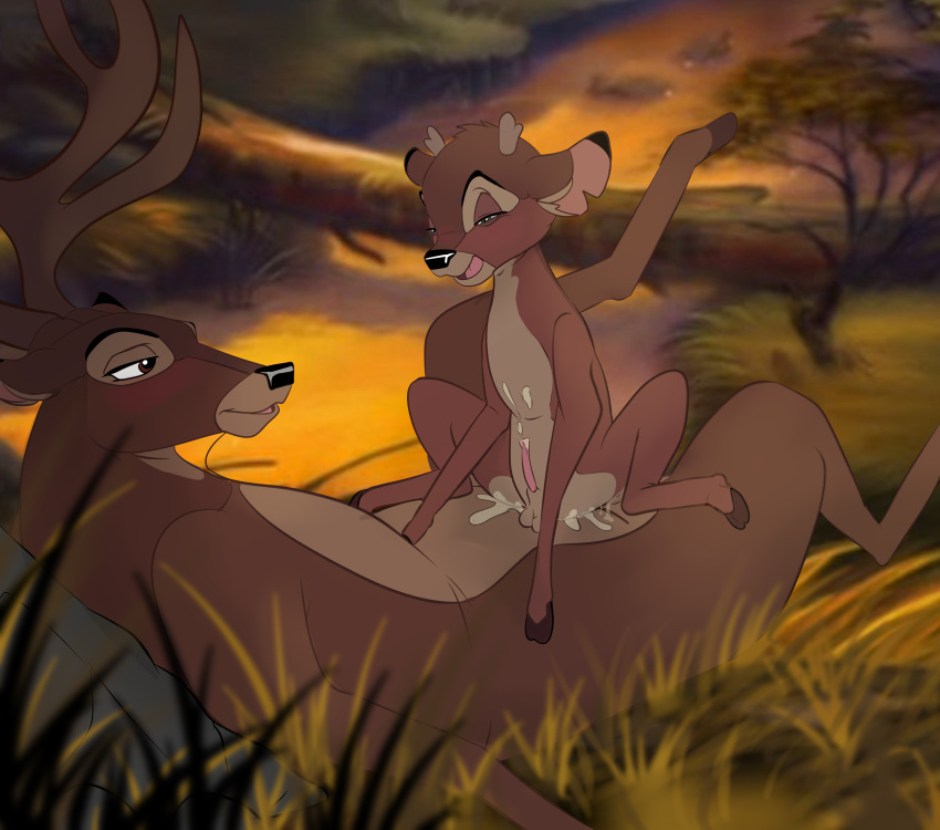 2019 absurd_res animal_genitalia balls bambi_(film) bodily_fluids brown_fur disney duo erection feral fur genital_fluids hi_res male male/male mammal penetration penis ronno sex size_difference the_great_prince_of_the_forest torinsangel young