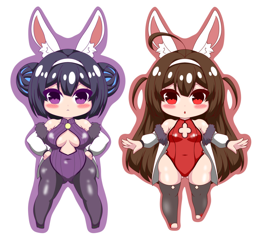 2girls :&lt; absurdres ahoge animal_ear_fluff animal_ears ass_visible_through_thighs azur_lane bare_shoulders black_footwear black_hair black_legwear blush breasts brown_hair brown_outline bunny_ears bunny_girl bunnysuit closed_mouth commentary_request covered_collarbone covered_navel double_bun fur-trimmed_jacket fur_trim hairband hands_on_hips highres jacket kurukurumagical leotard long_hair long_sleeves medium_breasts multiple_girls ning_hai_(azur_lane) off_shoulder open_clothes open_jacket outline outstretched_arms pantyhose parted_lips ping_hai_(azur_lane) puffy_long_sleeves puffy_sleeves purple_background purple_eyes purple_leotard red_eyes red_leotard shoes side_bun simple_background small_breasts thighhighs two_side_up very_long_hair white_background white_hairband white_jacket