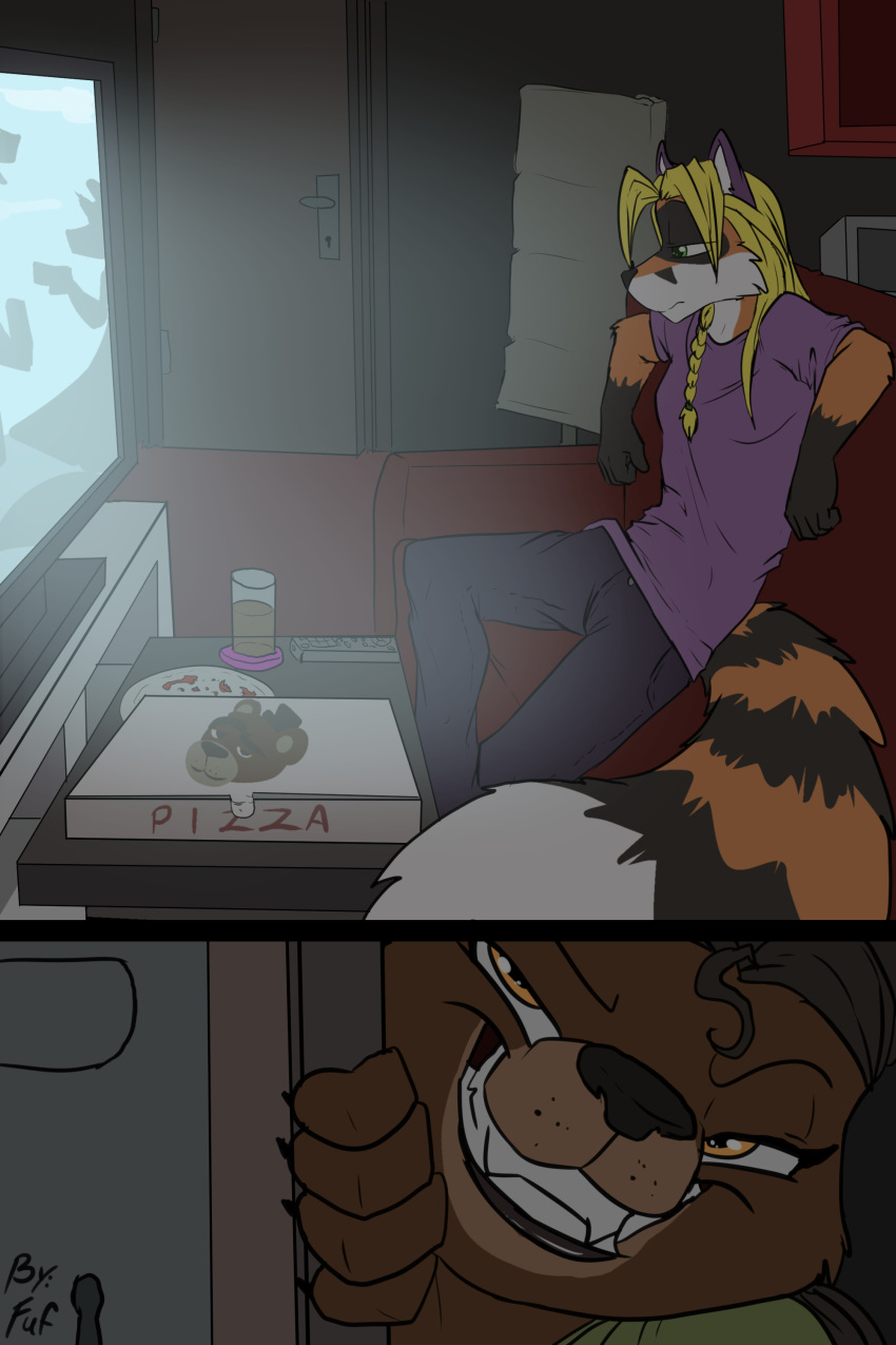 2017 absurd_res annoyed anthro black_fur blonde_hair bottomwear brown_fur canid canine clothed clothing comic desmond_(ceeb) detailed_background door doorway duo evil_grin fox frown fuf fur gloves_(marking) green_eyes grin hair half-closed_eyes hi_res hybrid inside long_hair male mammal markings multicolored_fur orange_eyes orange_fur pants penny_(ceeb) pizza_box procyonid raccoon shirt signature sitting smile sofa table teeth television topwear ursid white_fur