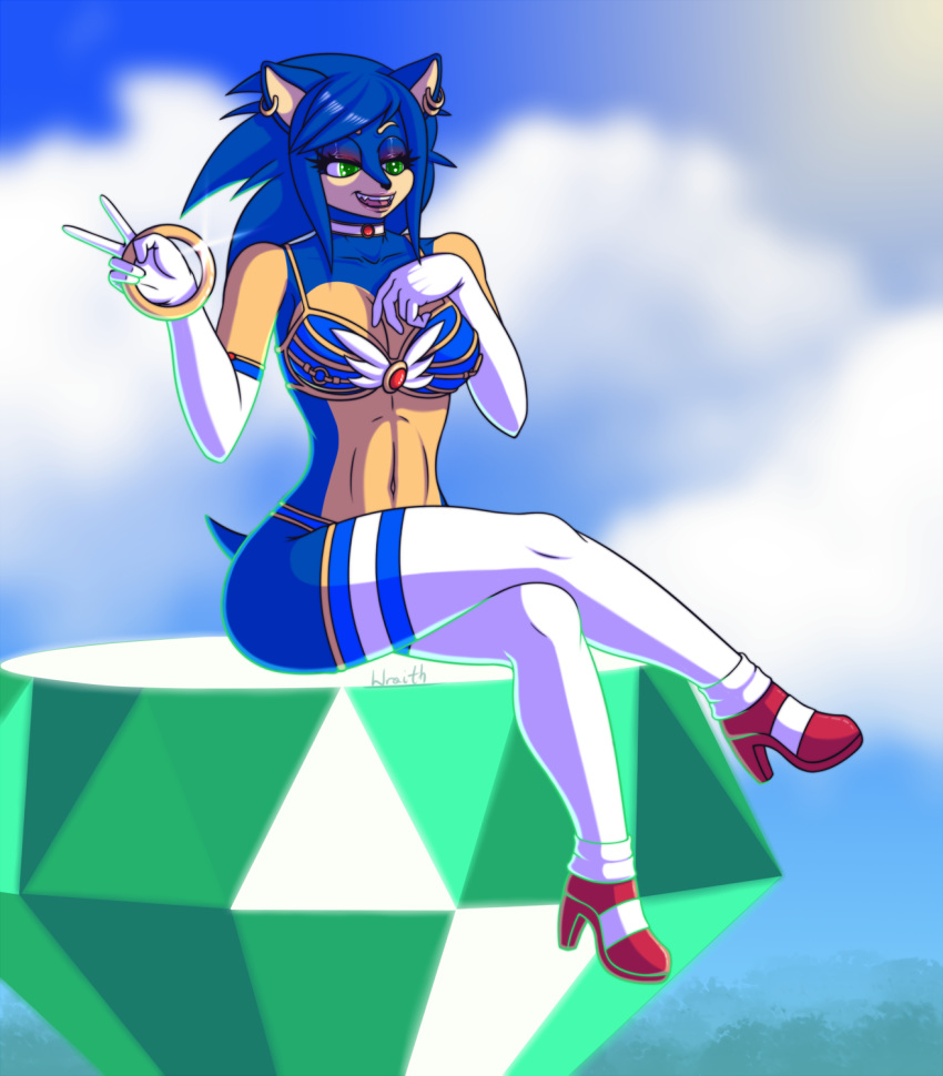 2019 anthro big_breasts blue_fur blue_hair bra breasts butt clothed clothing crossgender digital_media_(artwork) eulipotyphlan female footwear fur gloves green_eyes hair handwear happy hedgehog hi_res high_heels infested-wraith legwear mammal master_emerald open_mouth ring shoes simple_background smile solo sonic_(series) sonic_the_hedgehog stockings teeth thick_thighs tongue topwear underwear video_games