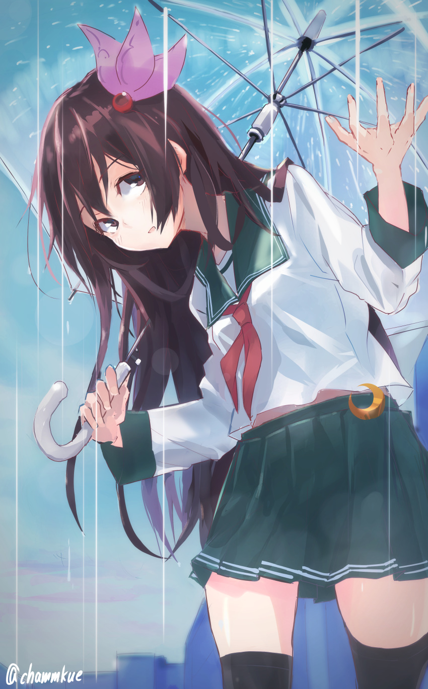 1girl absurdres black_legwear brown_eyes brown_hair chamu_(chammkue) cowboy_shot crescent crescent_moon_pin green_skirt highres kantai_collection kisaragi_(kantai_collection) leaning_forward long_hair looking_at_viewer neckerchief pleated_skirt rain red_neckwear remodel_(kantai_collection) school_uniform serafuku skirt solo thighhighs transparent transparent_umbrella twitter_username umbrella