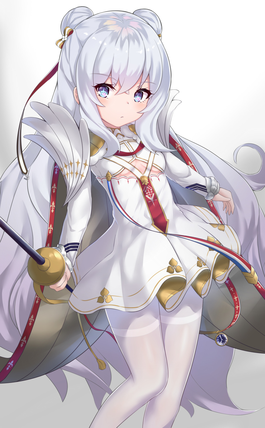 +_+ 1girl absurdres azur_lane bangs blue_eyes bow breasts brown_bow cape closed_mouth double_bun dress eyebrows_visible_through_hair flower gradient gradient_background grey_background hair_between_eyes hair_bow highres holding holding_sword holding_weapon le_malin_(azur_lane) long_hair pantyhose pleated_dress pnt_(ddnu4555) pocket_watch silver_hair skirt small_breasts solo striped striped_bow sword thighband_pantyhose very_long_hair watch weapon white_background white_cape white_flower white_legwear white_skirt