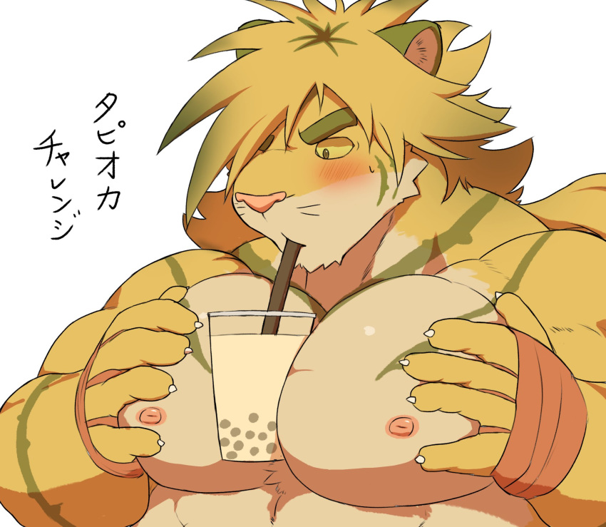 2019 5_fingers anthro beverage blush bubble_tea eyebrows felid fingers fur green_hair hair hands-free_bubble_tea handwraps hi_res japanese_text kemono magan male mammal meme moob_grab moobs multicolored_fur multicolored_hair muscular muscular_male nipples pantherine pec_grasp pecs pink_nipples solo straw stripes text tiger tokyo_afterschool_summoners two_tone_fur video_games yellow_fur yoshizaurusu_n