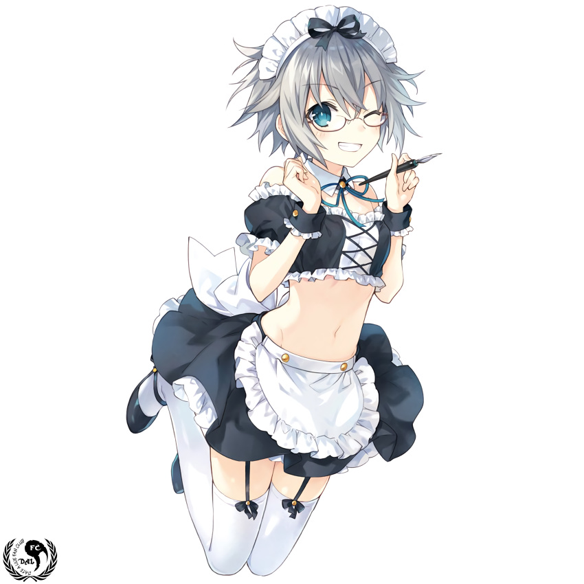 1girl absurdres blue_eyes breasts date_a_live glasses highres holding holding_pen honjou_nia jumping looking_at_viewer maid_dress pen short_hair silver_hair small_breasts smile stomach thighhighs tsunako