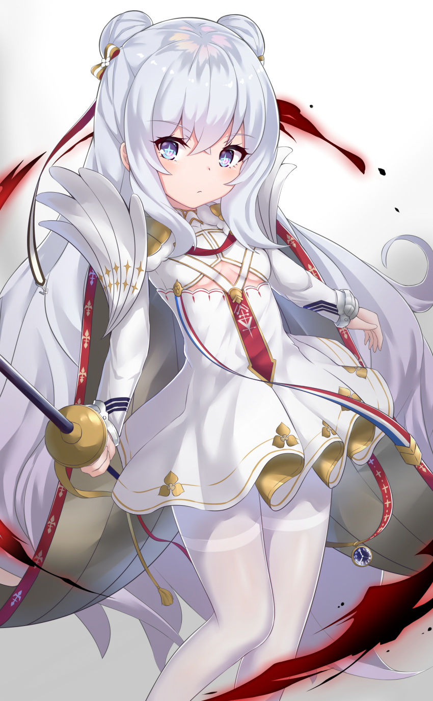 +_+ 1girl absurdres azur_lane bangs blue_eyes bow breasts brown_bow cape closed_mouth commentary_request double_bun dress eyebrows_visible_through_hair flower gradient gradient_background grey_background hair_between_eyes hair_bow highres holding holding_sword holding_weapon le_malin_(azur_lane) long_hair pantyhose pleated_dress pnt_(ddnu4555) pocket_watch silver_hair skirt small_breasts solo striped striped_bow sword thighband_pantyhose very_long_hair watch weapon white_background white_cape white_flower white_legwear white_skirt