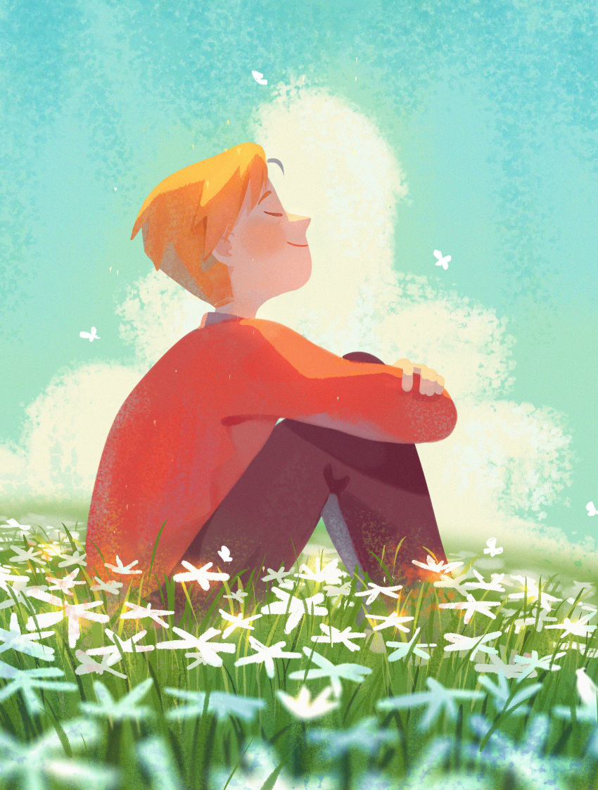 1boy ^_^ absurdres alphonse_elric black_pants blonde_hair blue_sky blurry blush blush_stickers closed_eyes cloud cloudy_sky commentary crossed_arms daisy day depth_of_field english_commentary field flower flower_field full_body fullmetal_alchemist grass happy highres idledee knees_up long_sleeves male_focus nature outdoors pants profile red_shirt shirt sitting sky smile white_flower