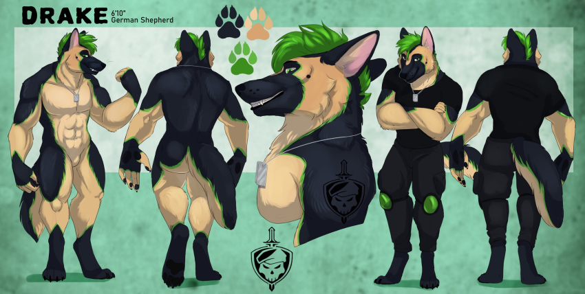 anthro canid canine canis dog_tags domestic_dog faeseiren german_shepherd hair herding_dog hi_res male mammal military model_sheet muscular pastoral_dog soldier solo