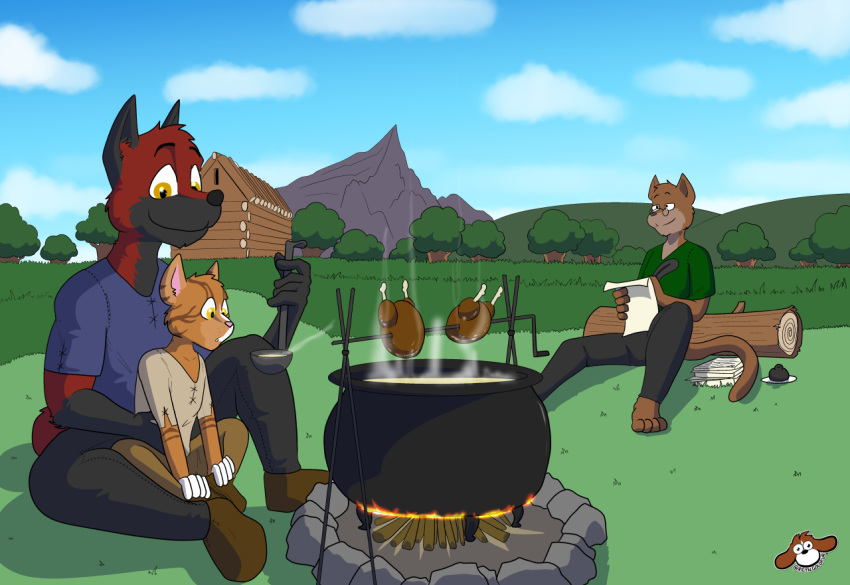 blaze_wolf campfire canid canine canis cooking domestic_cat father felid feline felis jesse_cat mammal mountain parent pot_(disambiguation) son stew teaching tenyo_cat wolf writing_(disambiguation)