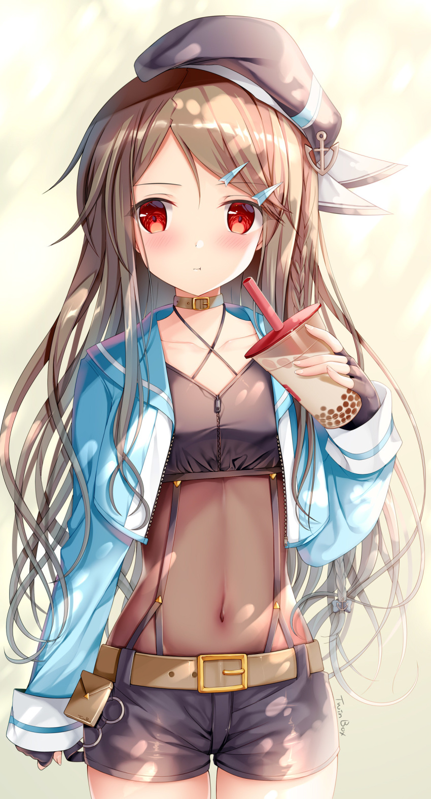 1girl :t anchor azur_lane belt beret black_gloves black_headwear black_shorts blue_jacket blush brown_collar brown_hair bubble_tea character_request closed_mouth collar collarbone commentary_request covered_navel cowboy_shot criss-cross_halter crop_top cropped_jacket cup disposable_cup drinking_straw fingerless_gloves gloves hair_ornament hairclip halterneck hat highres holding holding_cup jacket kimberly_(azur_lane) long_hair long_sleeves looking_at_viewer midriff navel open_clothes open_jacket pout red_eyes short_shorts shorts signature sleeves_past_wrists solo sousouman suspenders tilted_headwear very_long_hair wavy_mouth