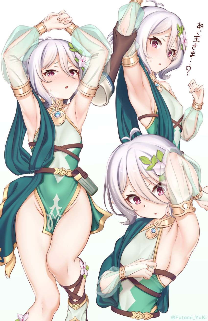 1girl :o antenna_hair arm_up armlet armpits arms_up bangs bare_shoulders belt blush bracelet breasts breath bridal_gauntlets brown_gloves cropped_torso dress flower futami_(mg42fw190d) gloves green_dress groin hair_between_eyes hair_flower hair_ornament hand_up heavy_breathing highres holster jewelry kokkoro_(princess_connect!) looking_at_viewer multiple_views no_bra no_panties parted_lips pelvic_curtain pink_eyes presenting_armpit princess_connect! princess_connect!_re:dive revision ring see-through short_hair sideboob silver_hair simple_background sleeve_pull sleeveless sleeveless_dress small_breasts sweat thighs translated twitter_username white_background white_flower