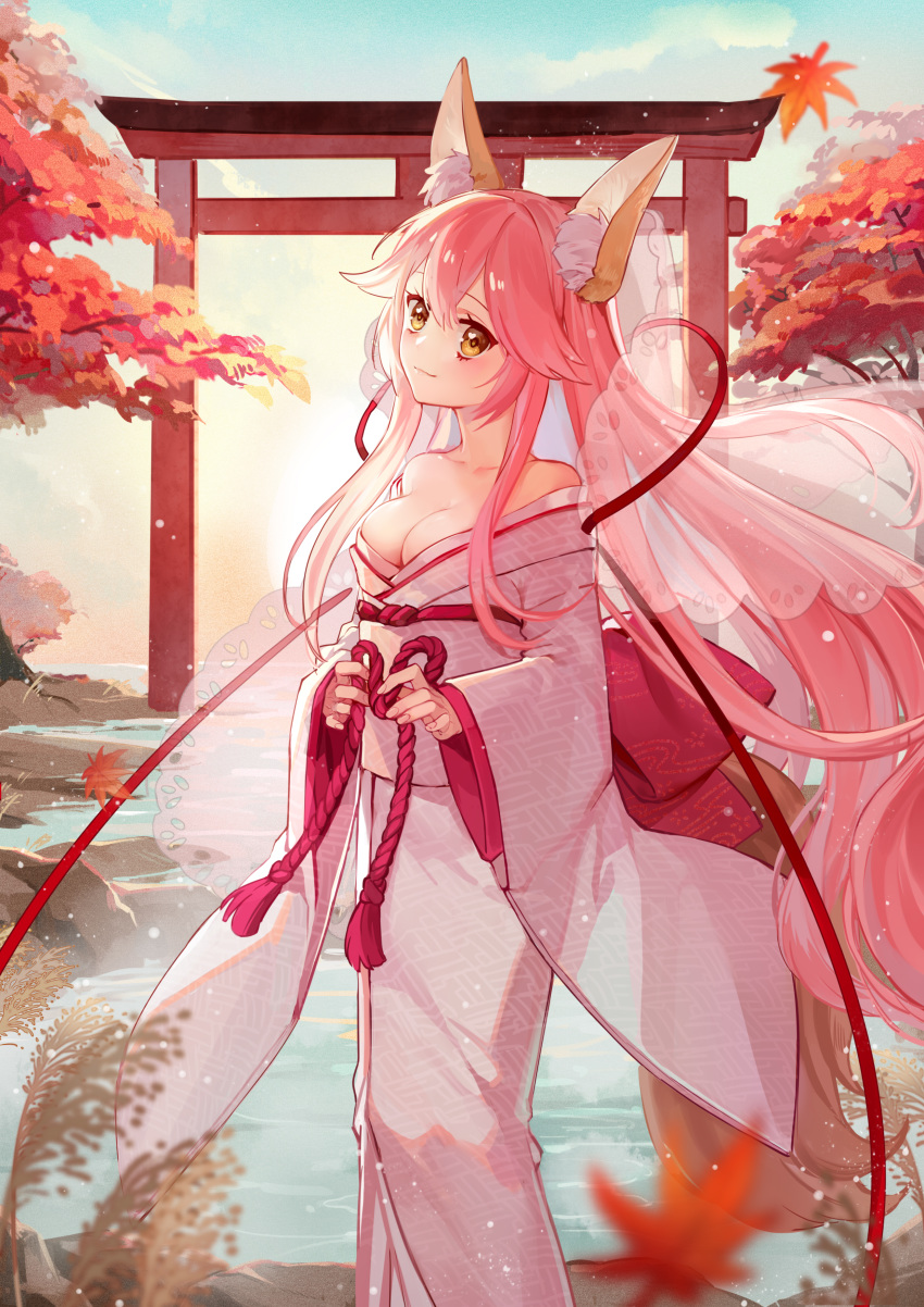 1girl absurdres animal_ear_fluff animal_ears bare_shoulders blush breasts cleavage fate/extra fate/grand_order fate_(series) fox_ears fox_girl fox_tail heart heart-shaped_pupils highres japanese_clothes kimono kotoba_(610430468) large_breasts long_hair looking_at_viewer nature off_shoulder pink_hair solo symbol-shaped_pupils tail tamamo_(fate)_(all) tamamo_no_mae_(fate) tree tree_branch veil very_long_hair water yellow_eyes