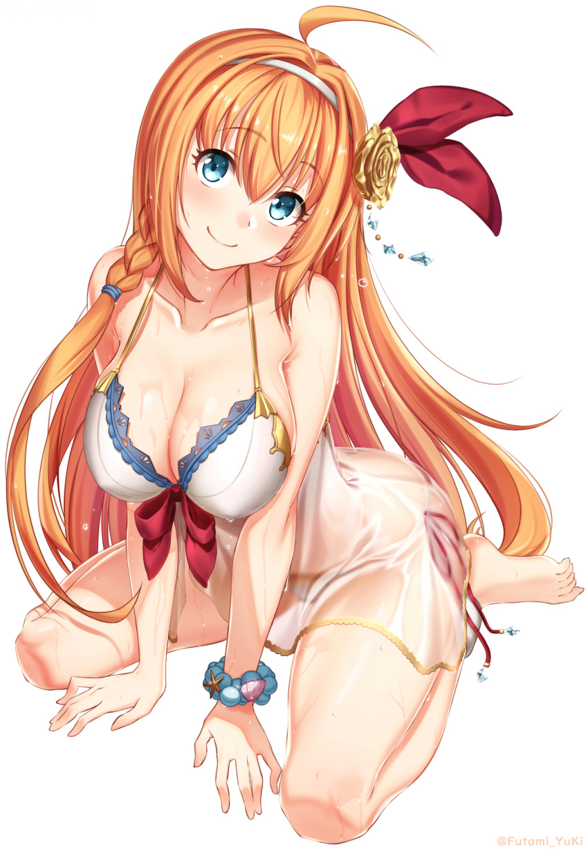 1girl ahoge artist_name bangs bare_arms bare_shoulders barefoot bead_bracelet beads between_legs bikini blue_eyes blush bracelet braid breasts clam_shell cleavage closed_mouth collarbone commentary_request flower full_body futami_(mg42fw190d) hair_between_eyes hair_flower hair_ornament hair_ribbon hairband halterneck head_tilt highres jewelry large_breasts long_hair looking_at_viewer orange_hair pecorine princess_connect! princess_connect!_re:dive red_ribbon revision ribbon see-through side-tie_bikini simple_background sitting smile solo star swimsuit thighs twitter_username very_long_hair wariza water wet white_background white_bikini yellow_flower
