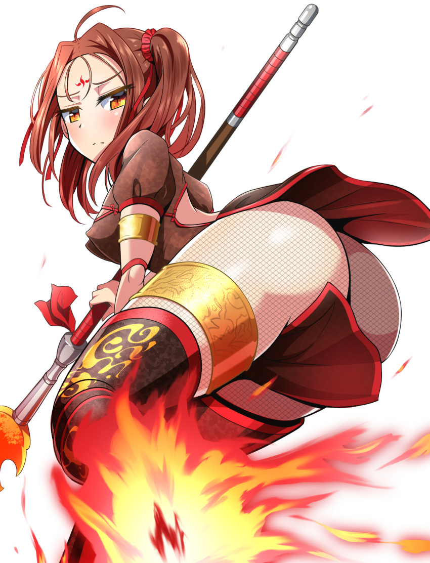 1girl ass blush breasts brown_hair brown_legwear china_dress chinese_clothes covered_nipples dress facial_mark fate/grand_order fate_(series) fire fishnet_pantyhose fishnets forehead_mark highres holding holding_weapon looking_at_viewer nezha_(fate/grand_order) orange_eyes pantyhose polearm sekai_saisoku_no_panda simple_background solo spear thighhighs thighlet twintails weapon white_background