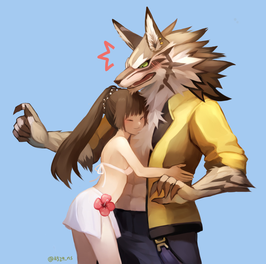 2019 4529_ns anthro black_nose blush canid canine canis clothing duo female female_protagonist_(tas) fur green_eyes hair hi_res hug human larger_anthro larger_male male mammal piercing ropang seth_(tas) simple_background size_difference smaller_female smaller_human surprise tokyo_afterschool_summoners video_games wolf