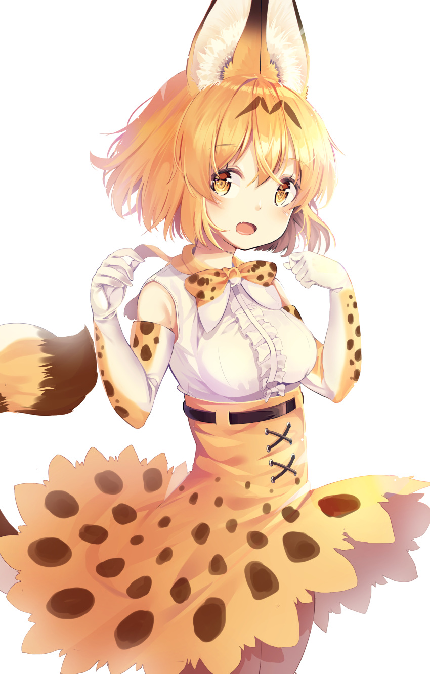 1girl absurdres animal_ears animal_ears_(artist) blush bow bowtie breasts brown_eyes elbow_gloves gloves highres kemono_friends large_breasts multicolored multicolored_clothes multicolored_gloves multicolored_neckwear open_mouth orange_bow orange_gloves orange_hair orange_neckwear orange_skirt serval_(kemono_friends) serval_ears serval_tail short_hair skirt sleeveless smile solo tail white_gloves white_neckwear