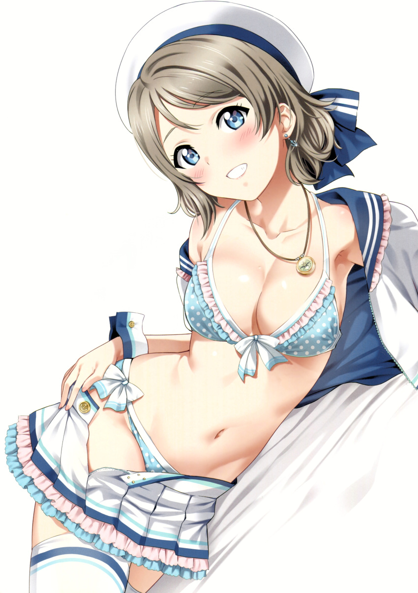 1girl absurdres anchor_earrings blue_eyes blue_sailor_collar blush bra breasts brown_hair cleavage collarbone compass earrings eyebrows_visible_through_hair hat highres jewelry looking_at_viewer love_live! love_live!_sunshine!! lying medium_breasts navel necklace on_side open_clothes open_skirt panties polka_dot rozen5 sailor sailor_collar sailor_hat scan short_hair simple_background skirt smile solo stomach unbuttoned underwear undressing watanabe_you white_background white_headwear white_skirt