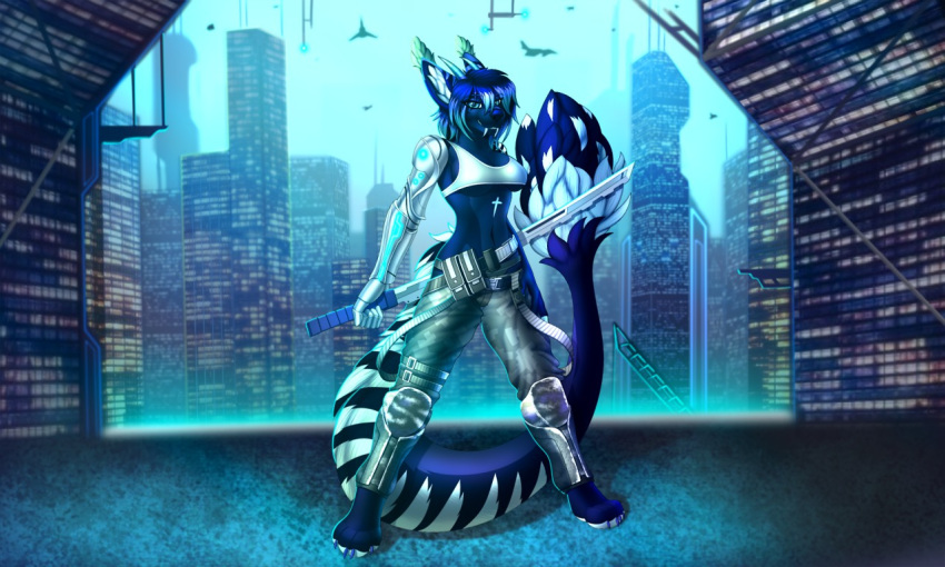 2019 4_toes 5:3 5_fingers anthro blue_eyes blue_hair blue_nose breasts clothed clothing detailed_background digital_media_(artwork) felid feline female fingers hair holding_object holding_weapon hybrid mammal melee_weapon midriff navel skimpy solo sword tales_foxdale toes under_boob weapon