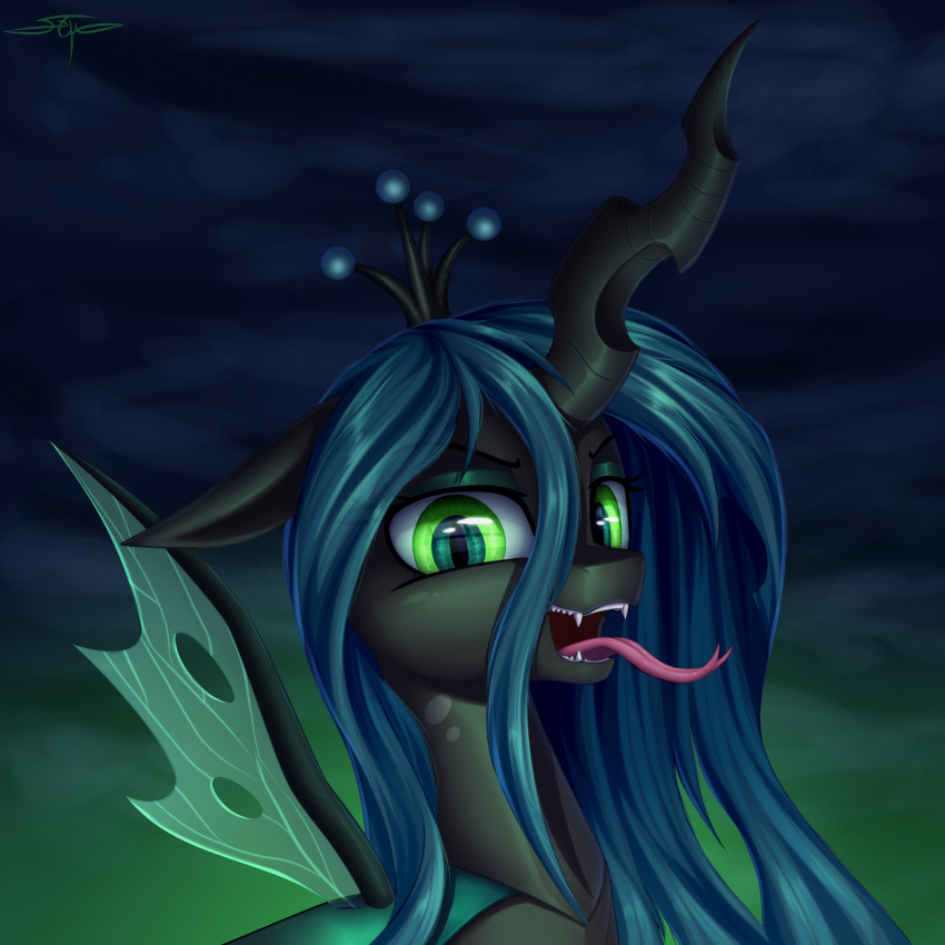 1:1 2019 absurd_res changeling digital_media_(artwork) fangs female feral forked_tongue friendship_is_magic green_eyes hair hi_res long_hair looking_at_viewer my_little_pony open_mouth queen_chrysalis_(mlp) setharu signature solo tongue tongue_out