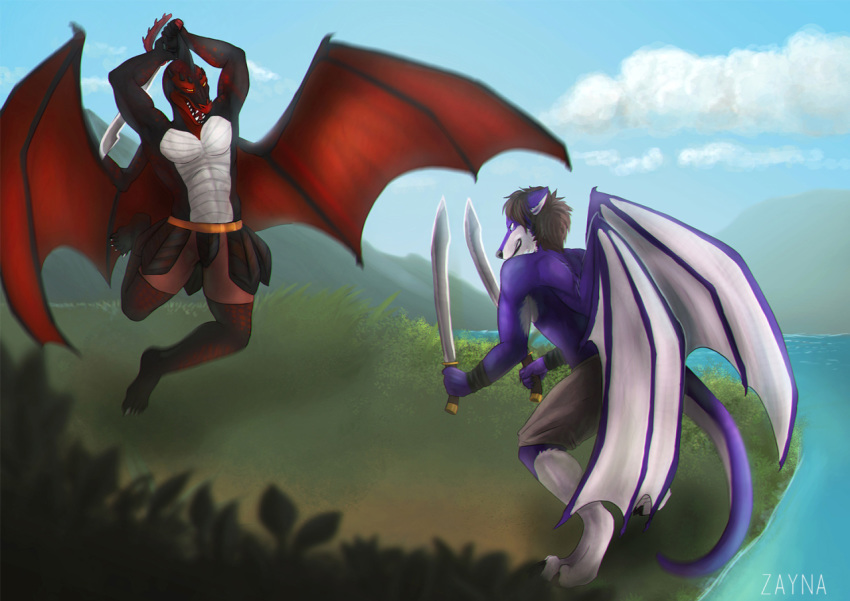 anthro canid canine canis claws clothed clothing digital_media_(artwork) dragon due duo fight hair hybrid male mammal mane melee_weapon open_mouth paws scalie sword weapon wings wolf zayna