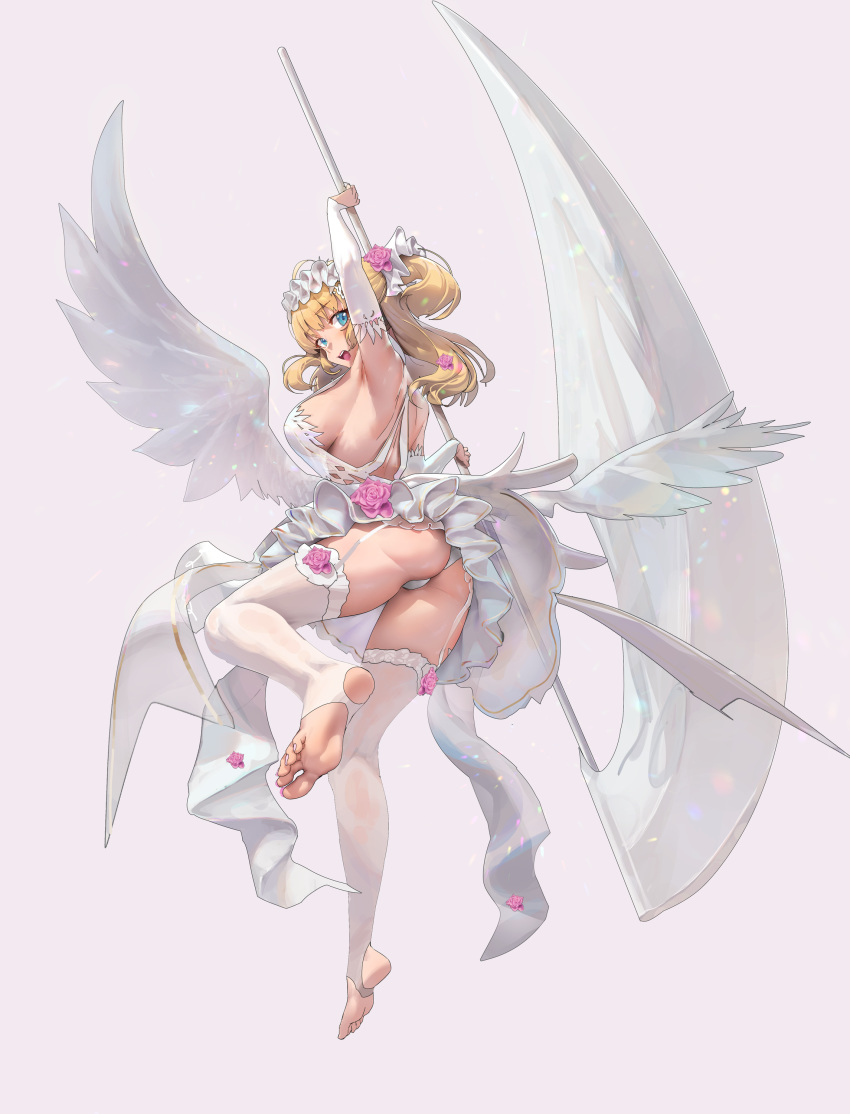 1girl absurdres arm_up armpits ass back bare_shoulders barefoot blonde_hair blue_eyes breasts bridal_gauntlets curly_hair dress elbow_gloves eyebrows_visible_through_hair flower frills full_body garter_straps gloves hair_flower hair_ornament hand_up highres holding holding_weapon large_breasts long_hair looking_at_viewer looking_back muloli no_shoes open_mouth original panties partly_fingerless_gloves rose scythe shoulder_blades sideboob simple_background smile solo thighhighs toeless_legwear twintails underwear weapon white_dress white_legwear white_panties wings