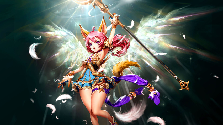 1girl animal_ears arm_up armpits artist_request blue_dress darkness detached_sleeves dog_ears dog_tail dress elin_(tera) energy_wings feathers garters gloves highres holding legs light long_hair magic official_art open_mouth pink_hair purple_eyes short_dress solo staff tail tera_online thighs wallpaper weapon white_gloves wings