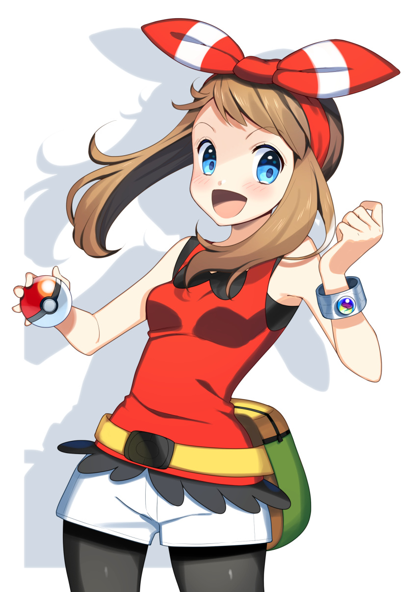 1girl absurdres belt bike_shorts blush bracelet brown_hair cowboy_shot hair_ribbon hand_up happy haruka_(pokemon) highres holding holding_poke_ball jewelry looking_at_viewer open_mouth poke_ball pokemon pokemon_(game) pokemon_oras pouch ribbon shadow short_under_shorts shorts solo tank_top white_background wimple_background yuihiko