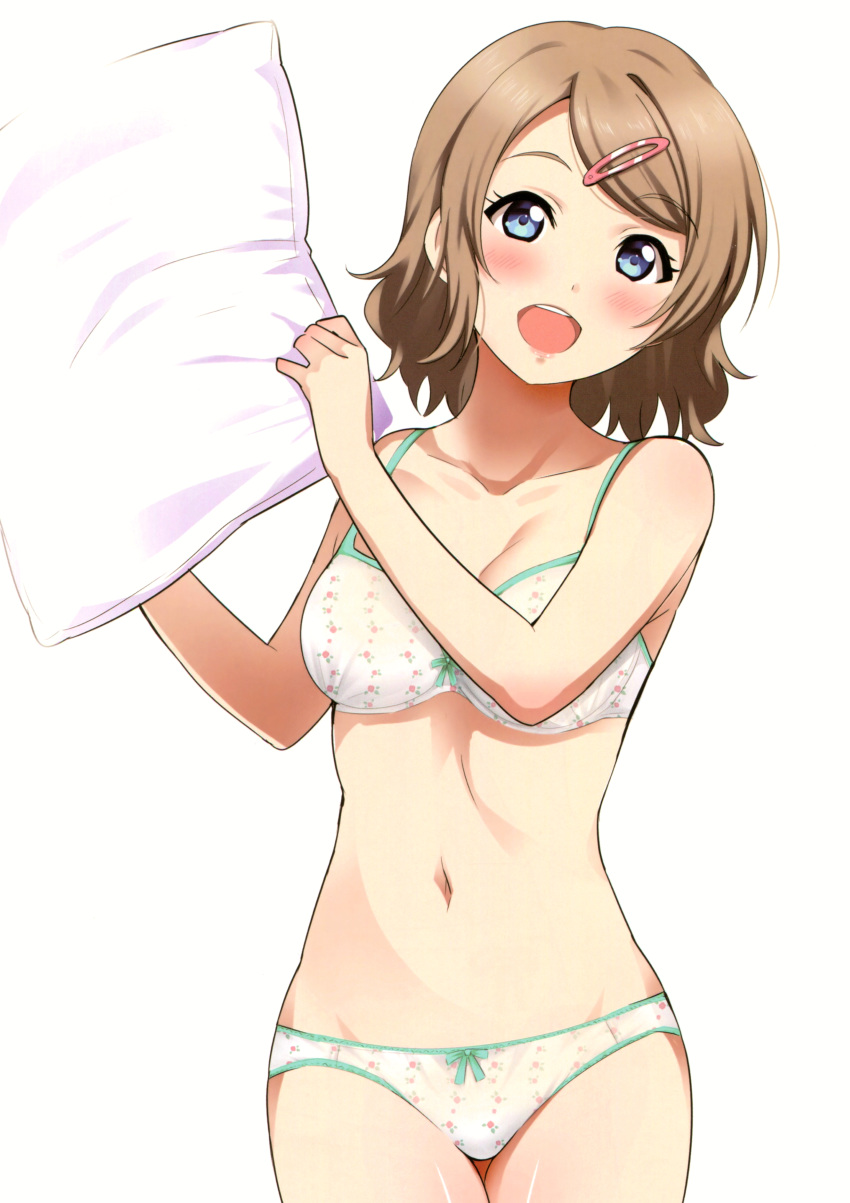 1girl absurdres bangs blue_eyes blush bow bow_panties breasts brown_hair cleavage collarbone cowboy_shot floral_print groin hair_ornament hairclip highres looking_at_viewer love_live! love_live!_sunshine!! medium_breasts navel open_mouth panties pillow pillow_fight rozen5 scan short_hair simple_background smile solo standing swept_bangs teeth underwear underwear_only watanabe_you white_background