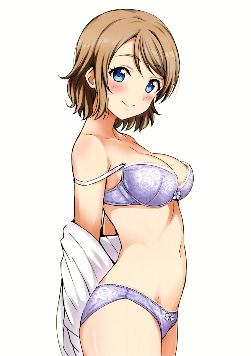 1girl absurdres arms_behind_back blue_eyes blush bra breasts cleavage closed_mouth collarbone cowboy_shot groin highres light_brown_hair looking_at_viewer love_live! love_live!_sunshine!! medium_breasts navel panties profile purple_bra purple_panties rozen5 scan shiny shiny_hair shirt short_hair simple_background smile solo standing strap_slip underwear undressing watanabe_you white_background white_shirt