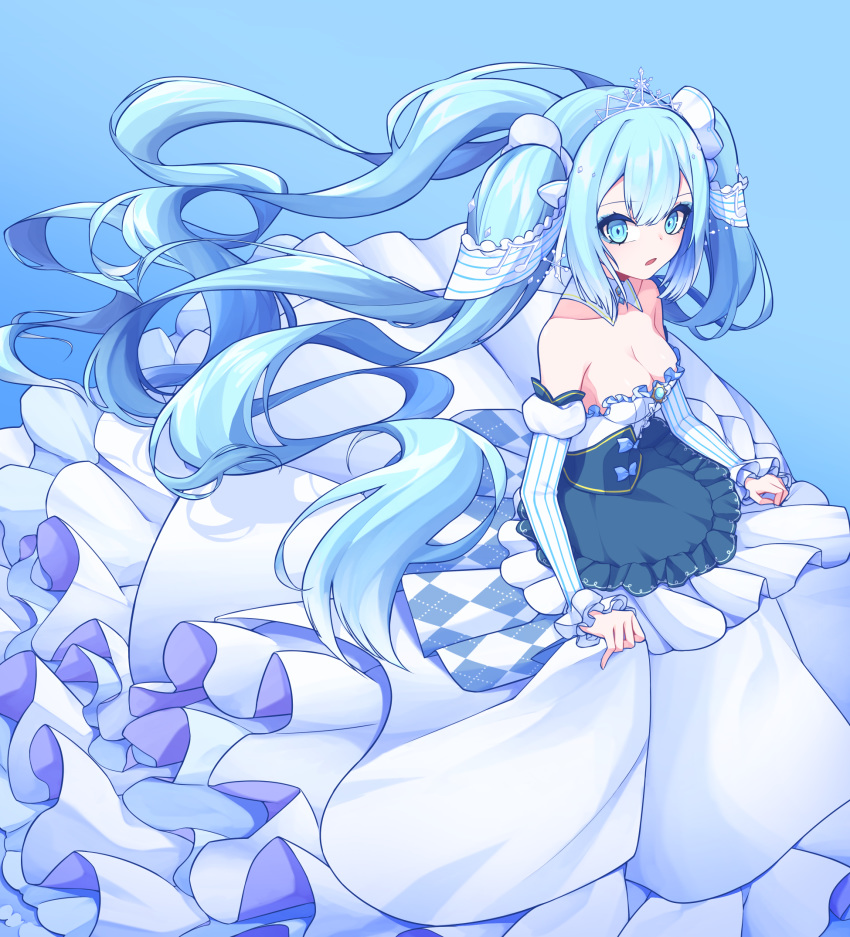 1girl bare_shoulders blue_background blue_eyes blue_hair breasts cleavage frilled_skirt frills g5_(artist) hatsune_miku highres long_hair looking_at_viewer medium_breasts musical_note open_mouth skirt solo twintails vocaloid yuki_miku yuki_miku_(2019)
