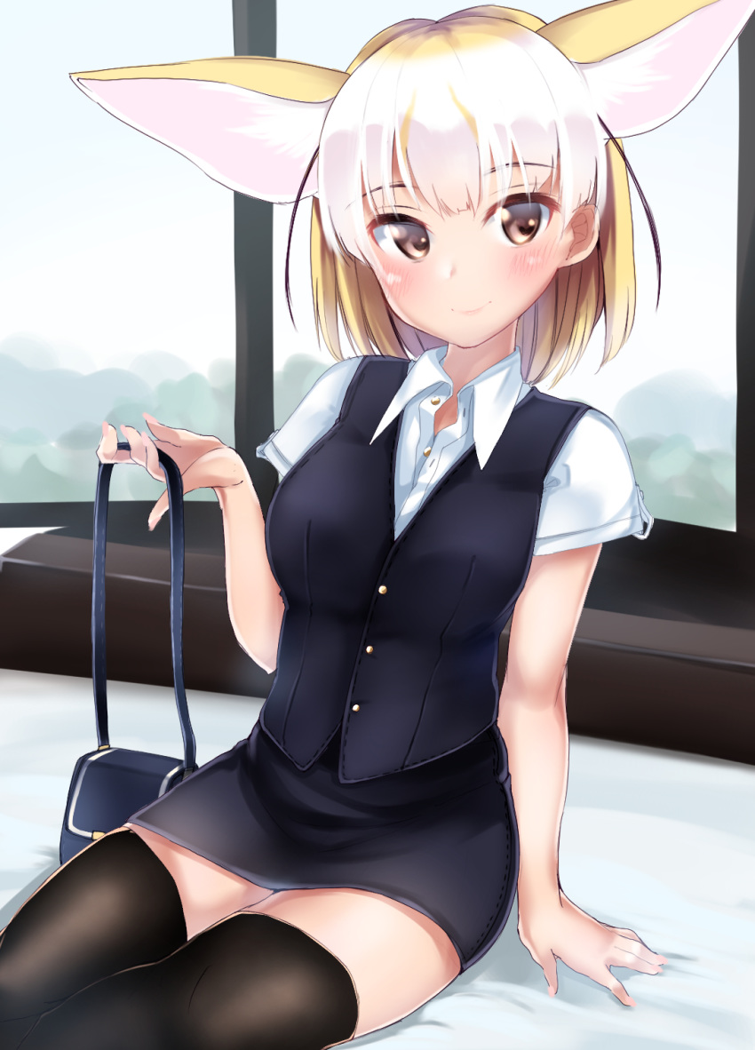 1girl animal_ears bag black_legwear black_skirt blonde_hair blush breasts brown_eyes closed_mouth collared_shirt eyebrows_visible_through_hair fennec_(kemono_friends) handbag highres kemono_friends kinou_no_shika large_breasts looking_at_viewer shirt short_hair sitting skirt smile solo tail thighhighs white_hair white_shirt