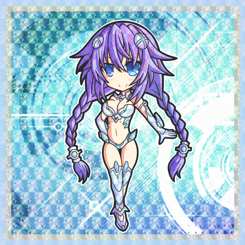 blue_eyes braid breasts chagama_(tyagama0927) chibi choujigen_game_neptune gun handgun highres long_hair looking_at_viewer mauser_c96 neptune_(series) open_mouth purple_heart weapon