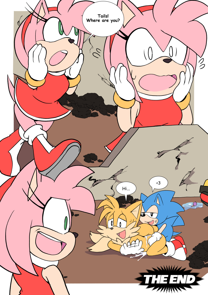 absurd_res after_sex amy_rose anal anthro bodily_fluids canid canine caught comic cum cum_on_back duo eulipotyphlan female fox genital_fluids hedgehog hi_res male male/male mammal miles_prower senshion sonic_(series) sonic_the_hedgehog sweat
