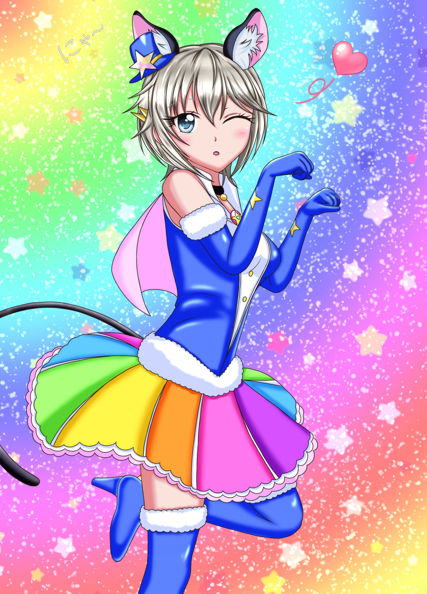 1girl absurdres anastasia_(idolmaster) animal_ears anya_alstreim blue_eyes boots brown_hair cat_ears cat_tail cure_cosmo elbow_gloves gloves highres idolmaster idolmaster_cinderella_girls precure seiyuu_connection short_hair star_twinkle_precure syou-life-xior tail thigh_boots thighhighs