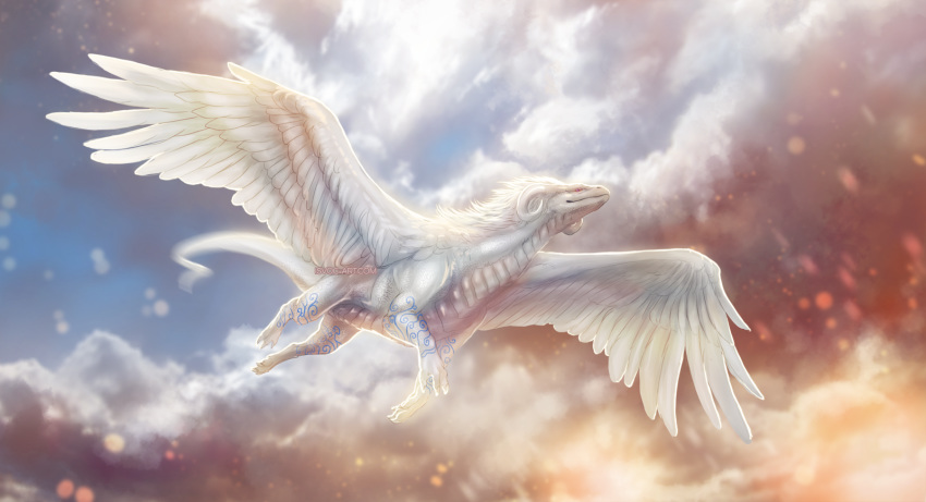 2019 ambiguous_gender claws curved_horn day digital_media_(artwork) dragon feathered_dragon feathered_wings feathers flying hi_res horn isvoc outside white_feathers wings