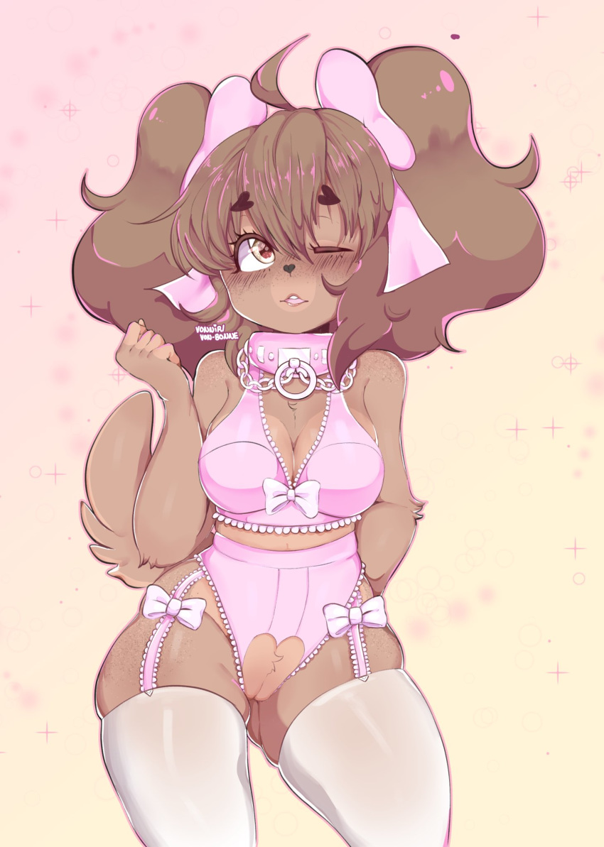 accessory anthro blush breasts canid canine canis clothed clothing collar domestic_dog female fur hair hair_accessory hair_bow hair_ribbon hi_res latte_(vonnir) legwear mammal one_eye_closed open_mouth pussy ribbons shih_tzu simple_background solo toy_dog vonnir