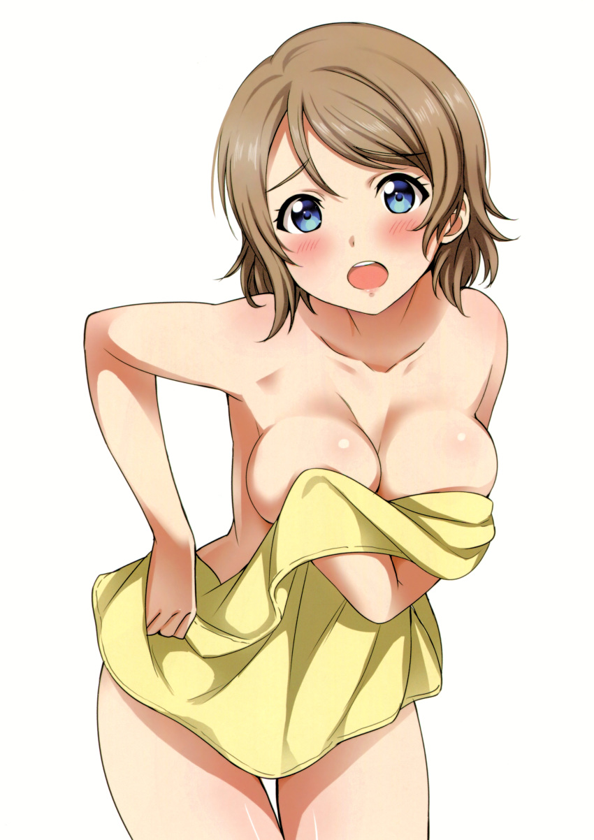 1girl absurdres blue_eyes blush breasts brown_hair cleavage collarbone covering covering_breasts eyebrows_visible_through_hair highres leaning_forward legs_together looking_at_viewer love_live! love_live!_sunshine!! medium_breasts nude nude_cover open_mouth rozen5 scan shiny shiny_hair shiny_skin short_hair simple_background solo thigh_gap towel watanabe_you white_background yellow_towel