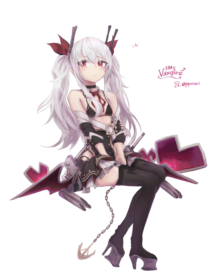 1girl anchor animal_print azur_lane bat_print belt bikini_top black_bikini_top black_bra black_dress black_legwear black_panties bra breasts chain collar detached_collar dress eicam fang fang_out garter_straps hair_between_eyes hair_ribbon hat heart highres low_wings nurse_cap panties red_eyes red_ribbon ribbon silver_hair small_breasts solo thighhighs twintails underwear vampire_(azur_lane) white_belt white_collar wings