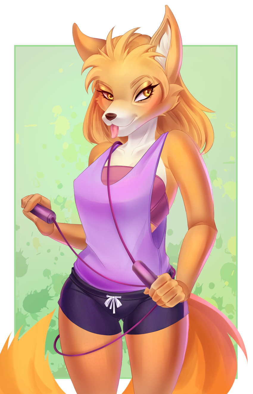 absurd_res alpha_and_omega anthro anthrofied art-abaddon blonde_hair bottomwear bra canid canine canis clothing female fur hair hi_res jump_rope kate_(alpha_and_omega) lingerie mammal shirt shorts smile solo tongue tongue_out topwear underwear wolf